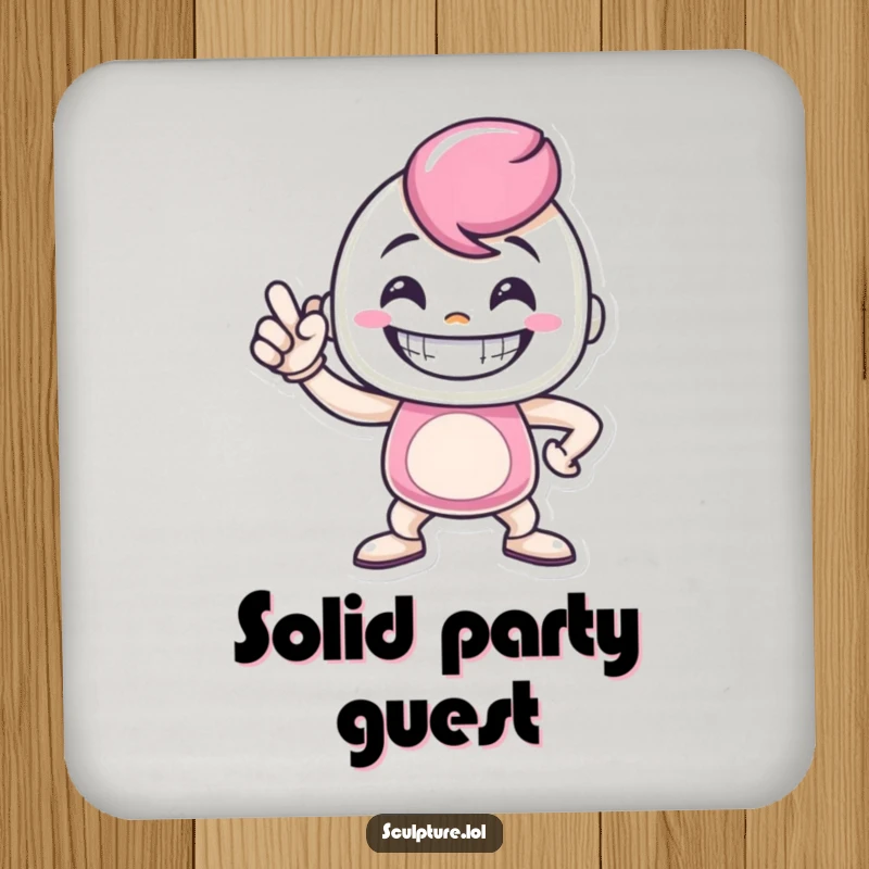 Funny metal casting coaster featuring a grinning character striking a proud pose, adding humor and strength to drink protection.