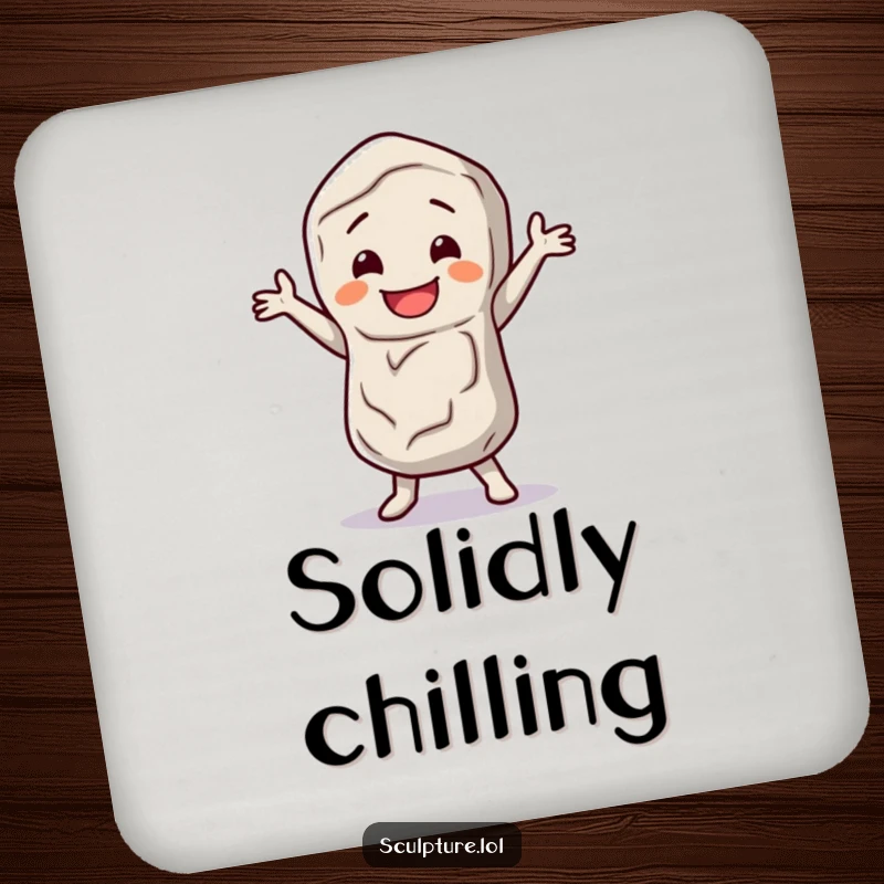 Funny stone figure coasters featuring a happy character doing a little dance jig, protecting surfaces with quirky humor.