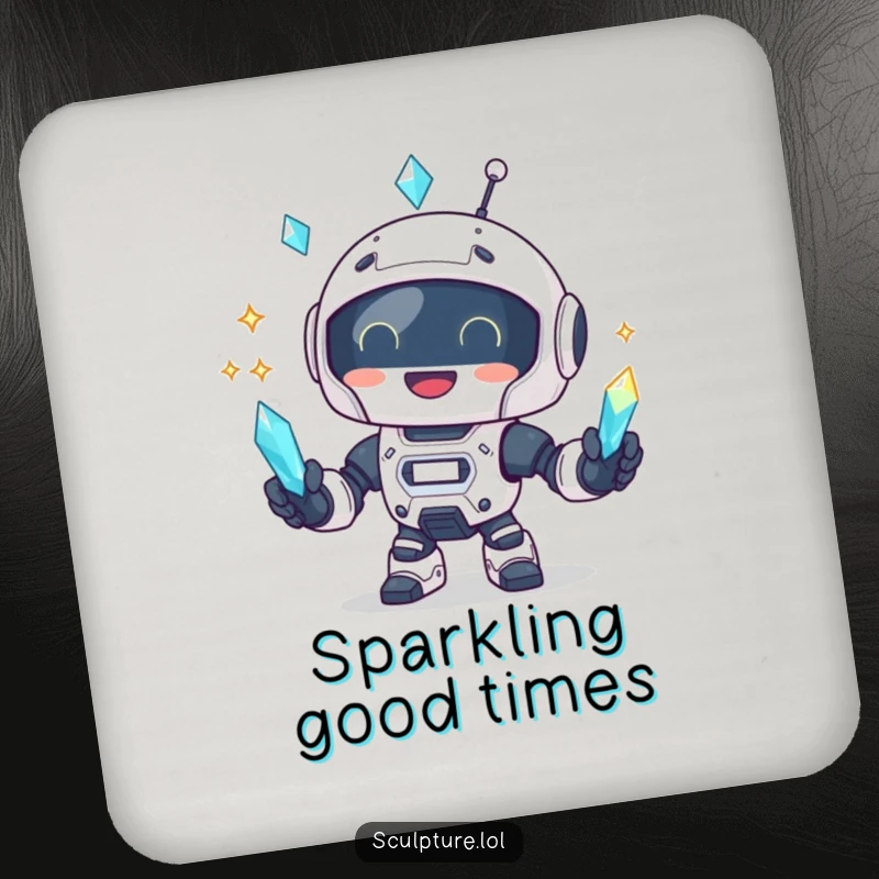 Funny robot juggling sparkling crystals on a drink coaster, protecting tables.