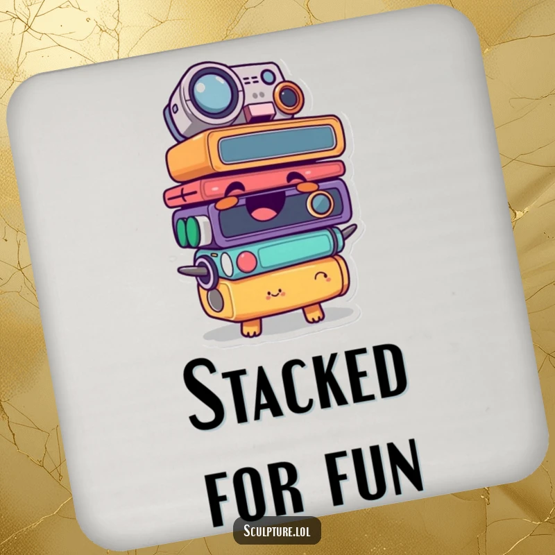 Funny coasters with a giggling found object character stacked comically, adding humor to drink service.