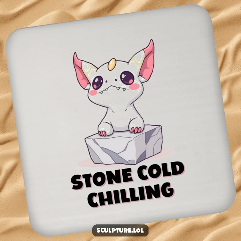 Funny drink coasters featuring a bizarre creature emerging from marble, protecting surfaces with a touch of surreal and humorous art.