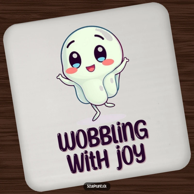 Funny coaster with a wobbling jelly character doing a jig, safeguarding surfaces with a dose of animated, jiggly humor.