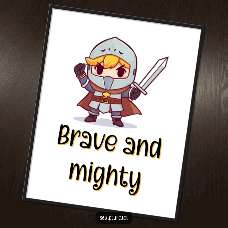Funny determined small knight holding a tiny sword triumphantly. A humorous and inspiring poster.