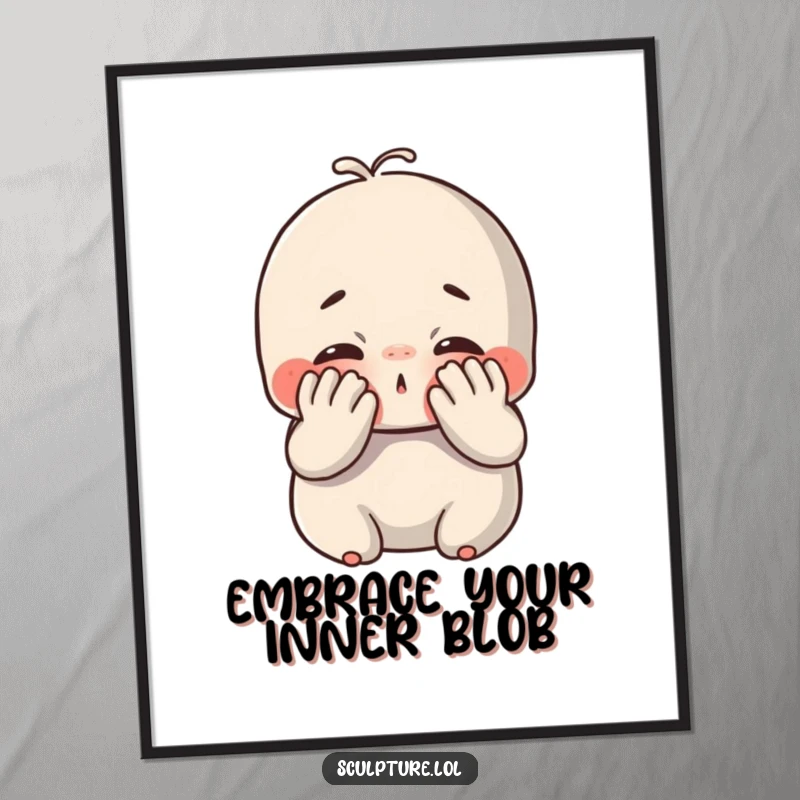 Funny chubby clay poster art of a cute character joyfully smushing its face with its hands, radiating happiness and deliciousness.