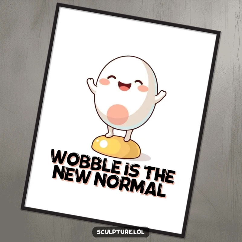 Funny poster art of a cheerful abstract blob character joyfully wobbling on its base, radiating pure happiness and fun.