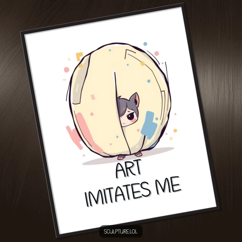 Funny poster showcasing a mischievous character hiding behind a grand, colorful abstract art piece, embodying playful art appreciation and humor.