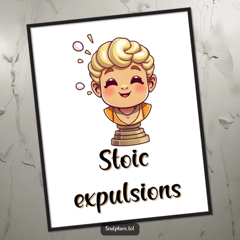 Funny bronze bust poster of a cheerful sculpture blowing air, perfect for artistic and humorous wall decor.