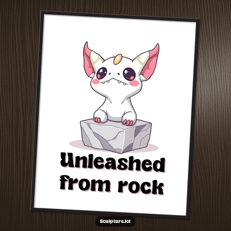 Funny poster showing a bizarre creature breaking out of marble, a humorous and dramatic piece of art for wall decoration.