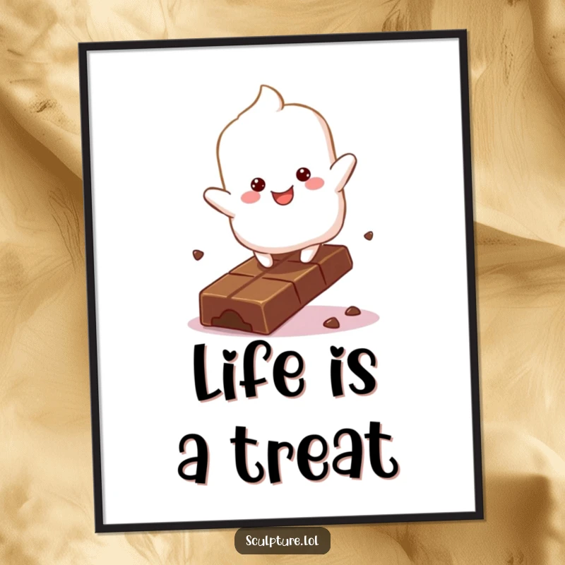 Funny fluffy marshmallow character poster bouncing with glee on a chocolate bar, sweet and whimsical wall art.