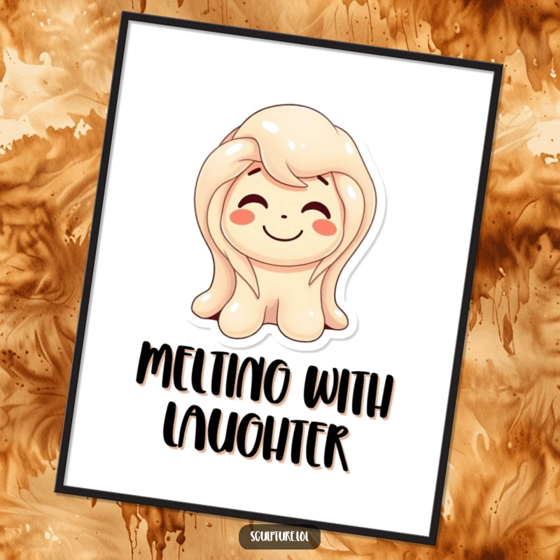 Funny melting wax sculpture poster showing a smiling character gently melting with amusement, adding artistic humor to decor.
