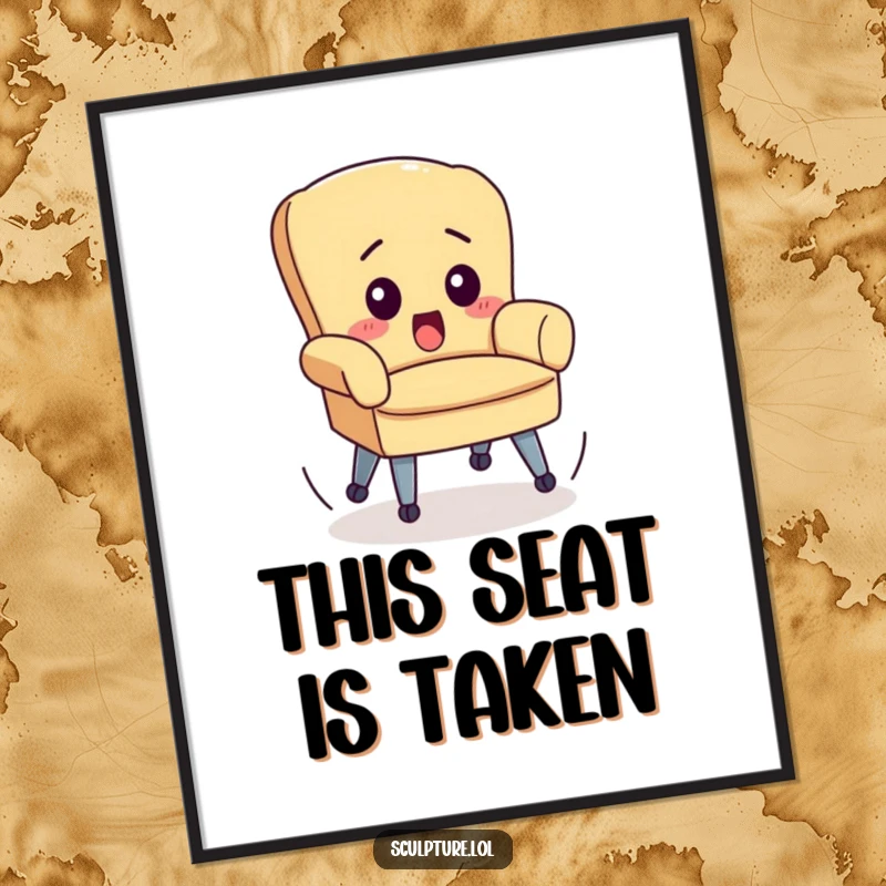 Funny poster depicting a small chair with wide eyes and wheels spinning uncontrollably, symbolizing a humorous desk mishap.