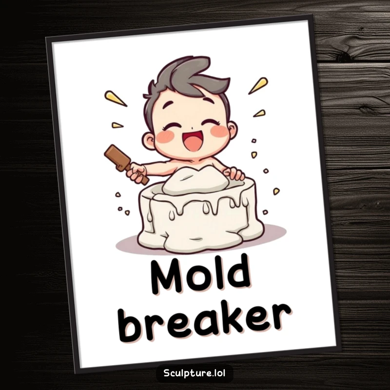 Funny poster illustrating a joyful character mid-smash on a plaster mold, conveying excitement and the triumph of breaking free, a fun art piece.