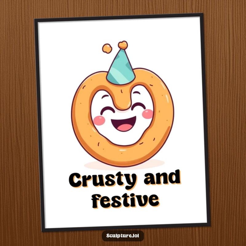 Funny poster of a grinning pretzel character comically wearing a tiny party hat, creating a cheerful and humorous visual.