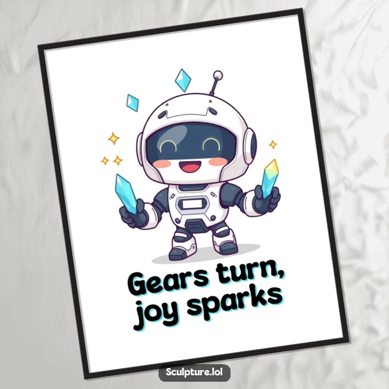 Funny robot juggling three bright crystals, presented on a vibrant poster for wall art.