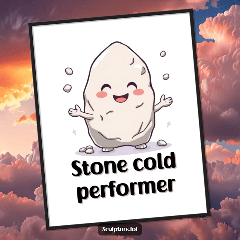 Funny poster of a smiling rock character gleefully juggling small pebbles, bringing happiness and art.