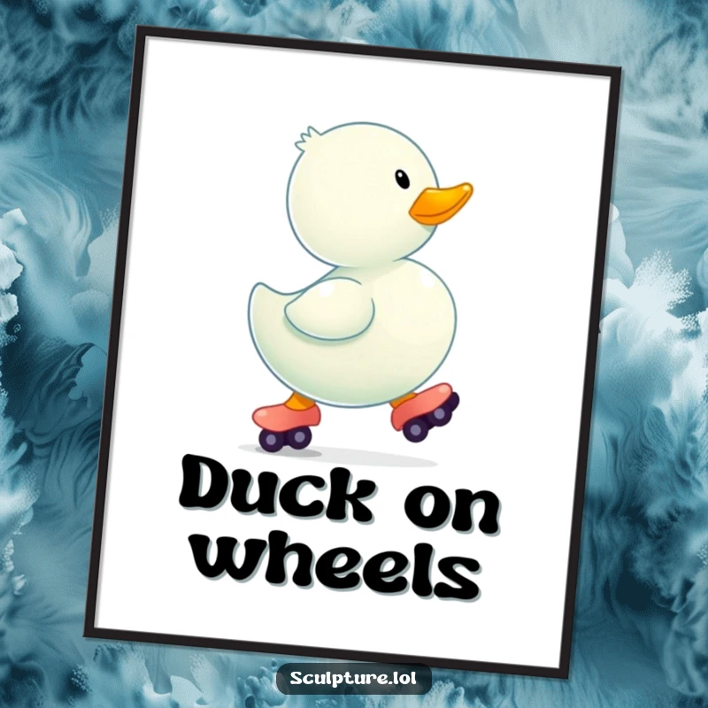 Funny bouncing rubber ducky wearing tiny roller skates on a vibrant poster.