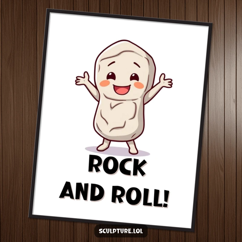 Funny stone figure poster of a happy character doing a little dance jig, adding whimsical and earthy charm to decor.