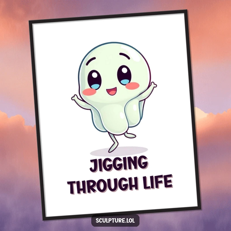 Funny poster featuring a wobbling jelly character performing a comical jig, adding a lively and humorous element to any room.