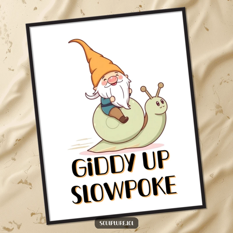 Funny gnome riding a snail at high speed, depicted on a vibrant poster, ideal for wall art.