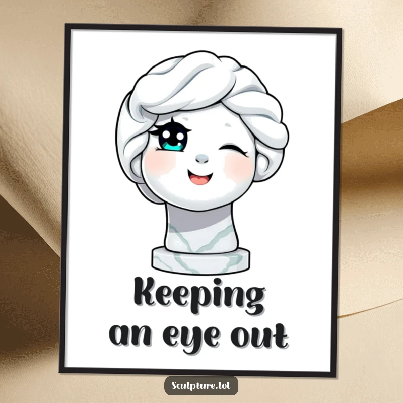 Funny delighted marble statue winking an eye poster, perfect for adding artistic humor and a playful touch to wall decor.