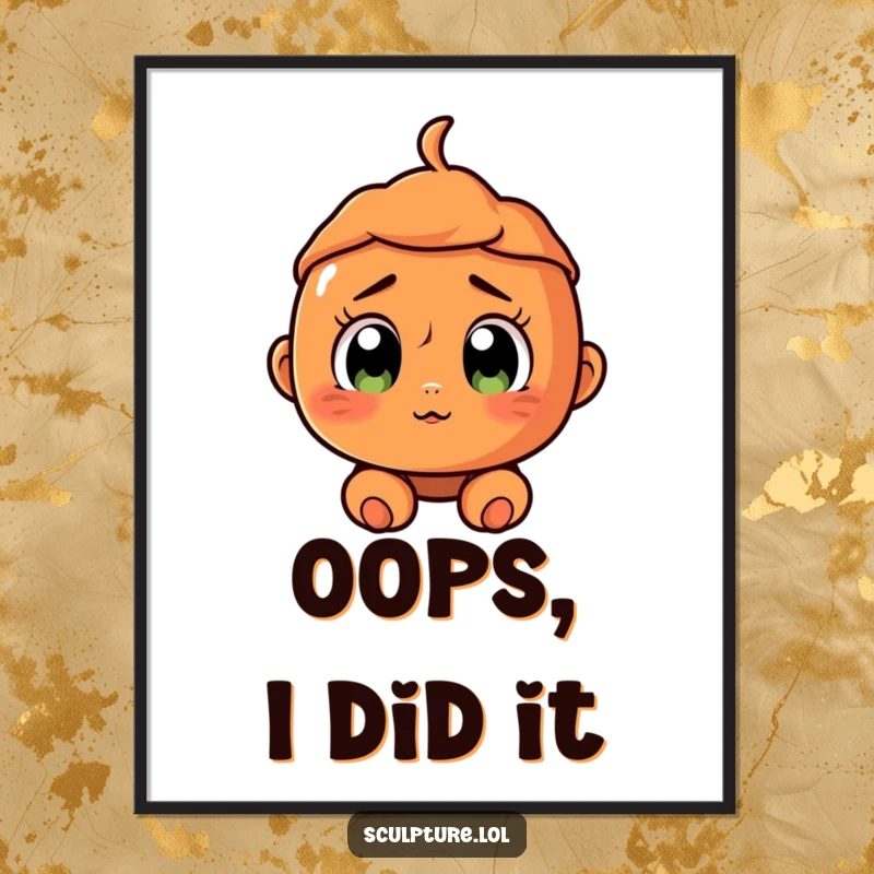 Funny surprised terracotta character poster featuring a cracked smile and wide eyes, adding humorous wall decor.