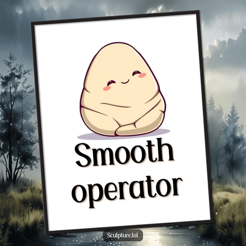 Funny smooth stone poster art of a cute character gently rolling downhill with a contented smile, symbolizing a humorous and serene journey.