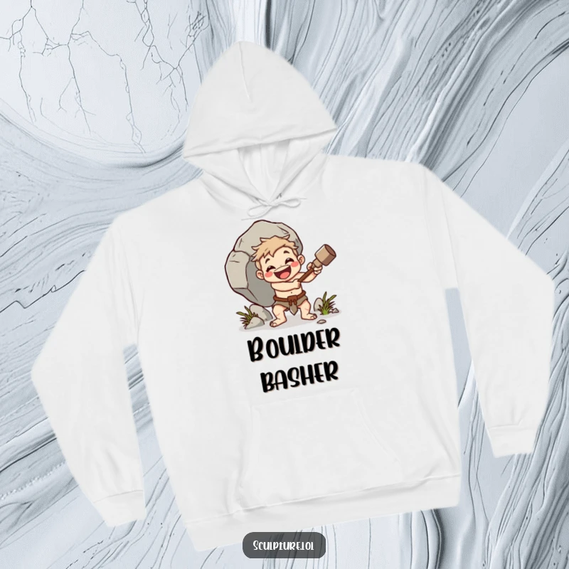 Funny caveman hoodie, cheerful character whacking boulder with club, primal strength apparel, warm and humorous clothing, ideal funny gift.