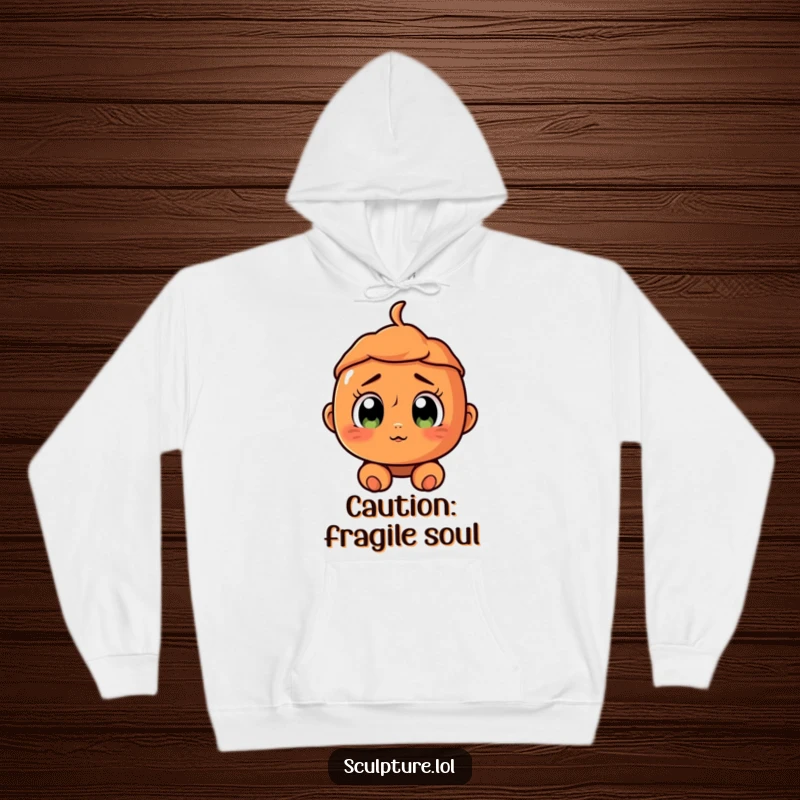 Funny surprised terracotta character hoodie, showcasing a cracked smile and wide eyes for a humorous and cozy feel.