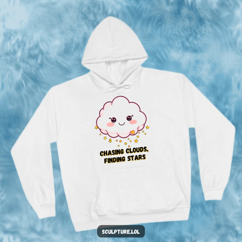 Funny hoodie featuring a cheerful sculpted cloud character raining tiny stars, cozy and magical.