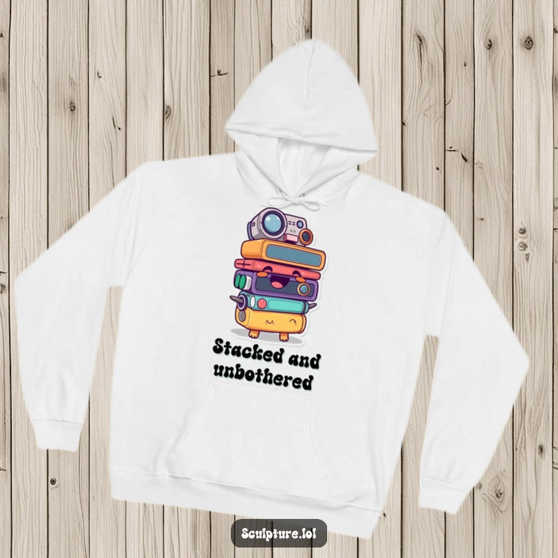 Funny hoodie featuring a giggling found object character stacked comically, perfect for a cozy and humorous vibe.