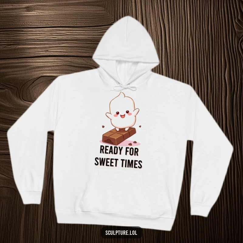 Funny fluffy marshmallow character hoodie bouncing with glee on a chocolate bar, soft and sweet apparel.