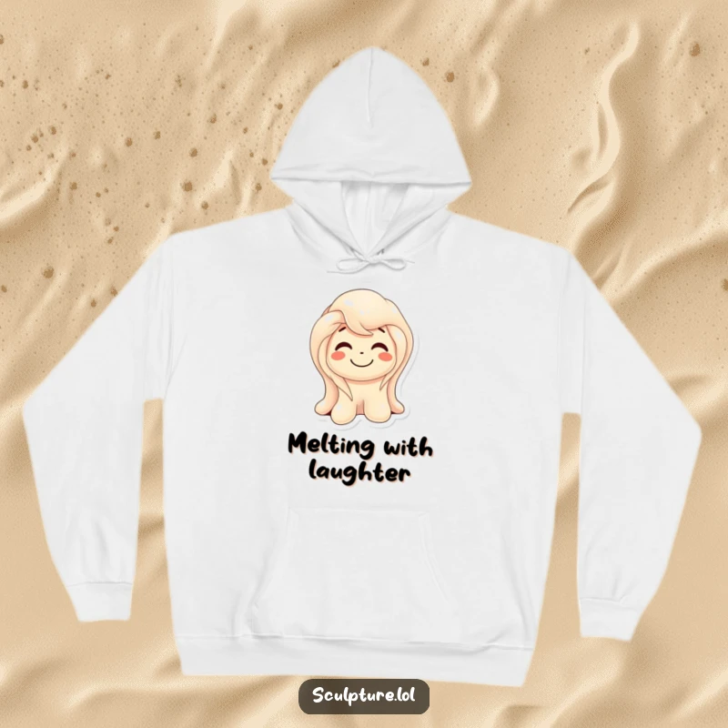 Funny melting wax sculpture hoodie featuring a character smiling as it gently melts, radiating amusement and warmth.