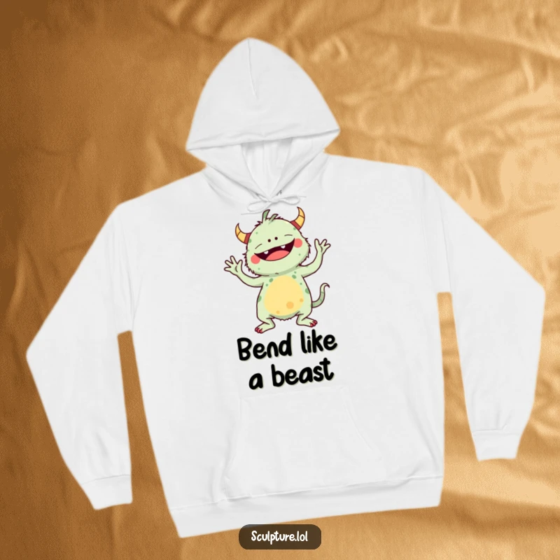 Funny hoodie with a whimsical monster in a ridiculous yoga pose, offering comfort and a good laugh.