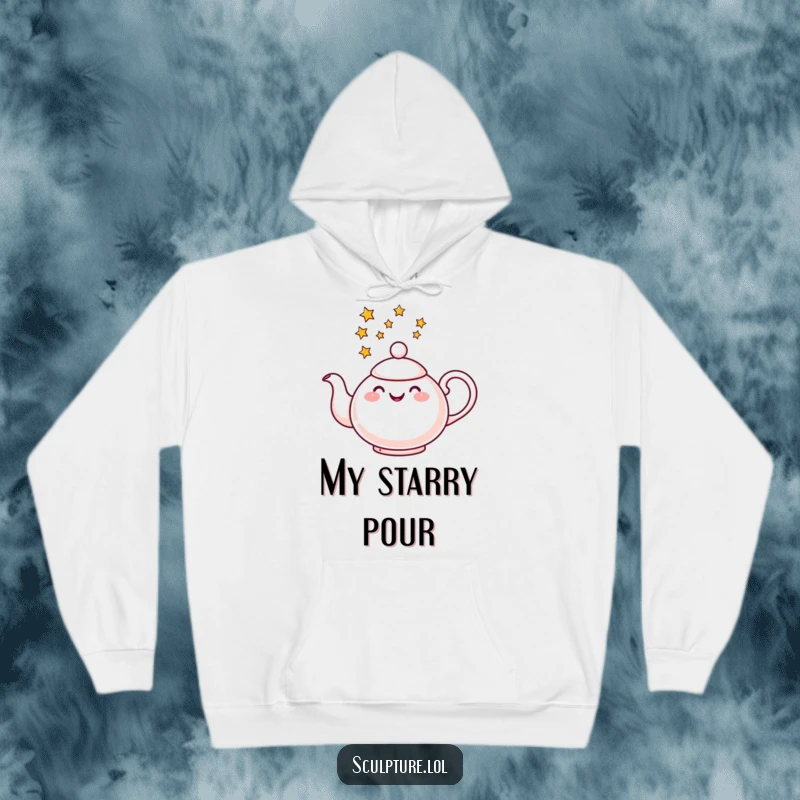 Funny hoodie featuring a cheerful teapot pouring a stream of stars, offering comfort and a touch of celestial magic.