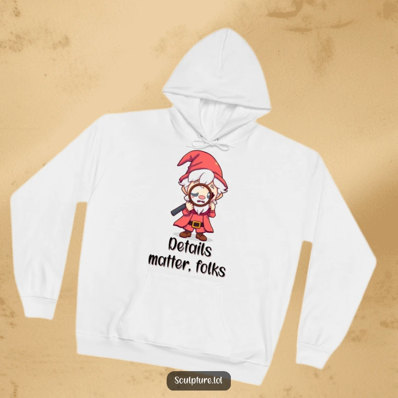 Funny tiny wizard hoodie, curious character looking through magnifying glass, magical exploration apparel, cozy and enchanting clothing, ideal funny gift.