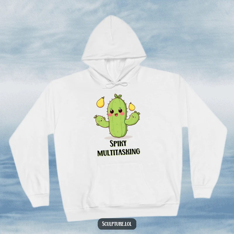 Funny hoodie depicting a cheerful cactus with short arms juggling prickly pears, offering warmth and a dose of humor.