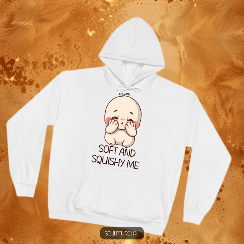 Funny chubby clay hoodie featuring a cute character joyfully smushing its face with its hands, offering cozy comfort and humorous delight.