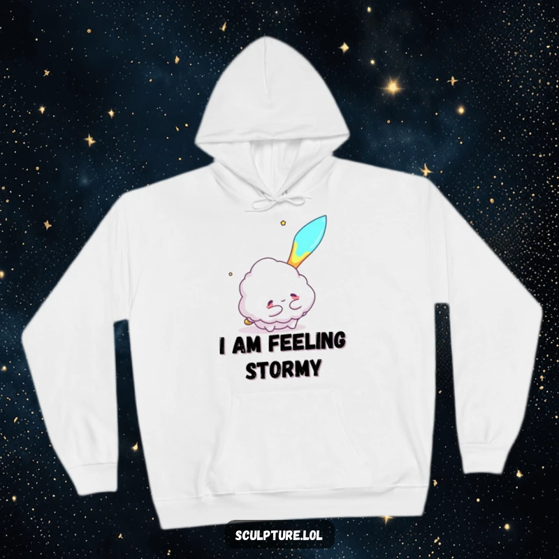 Funny hoodie illustration of a fluffy cloud character attempting to hug a meteor, offering cozy comfort and cosmic charm.