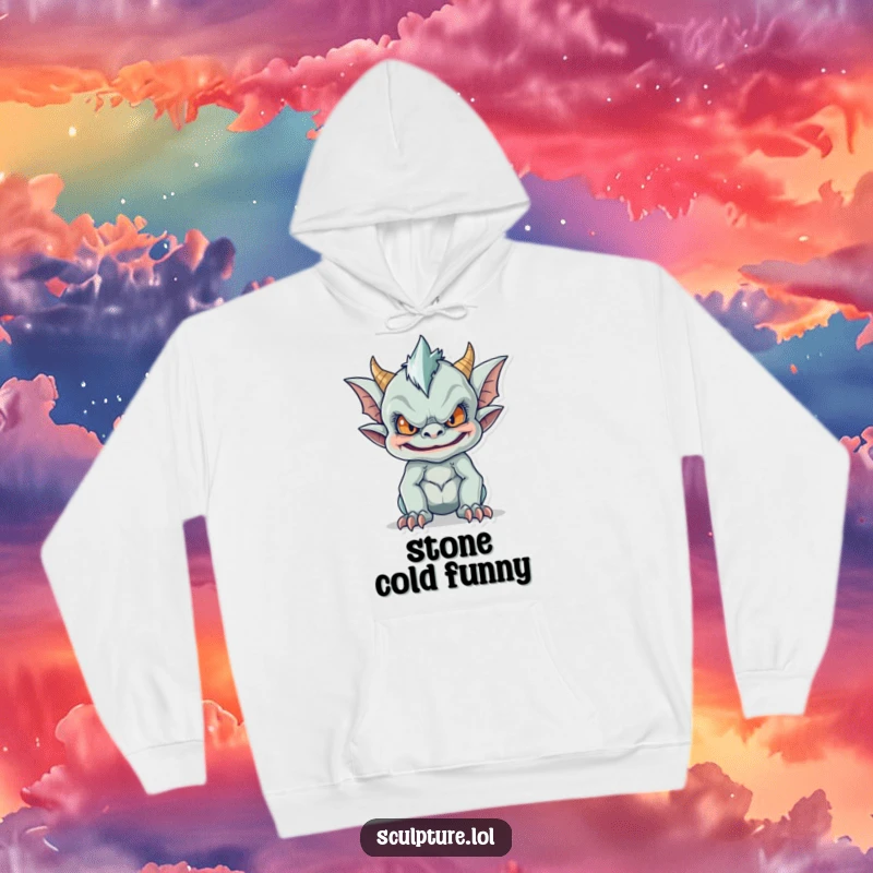 Funny hoodie featuring a mischievous gargoyle making a funny face, offering warmth and a humorous, protective aura for the wearer.