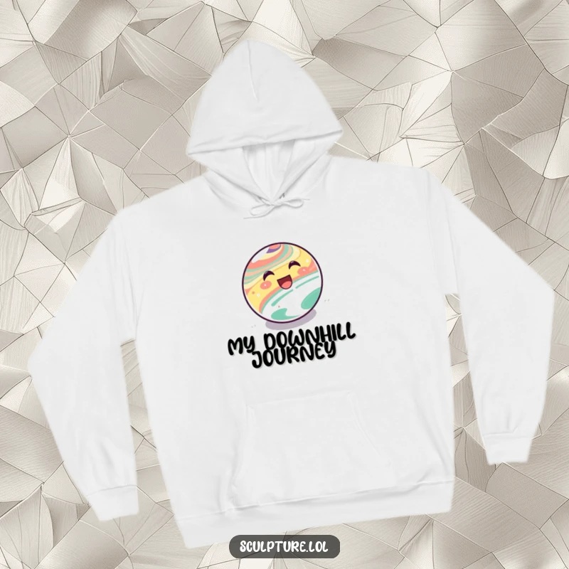Funny Hoodie: A delighted marble character rolling downhill, offering comfort and fun.
