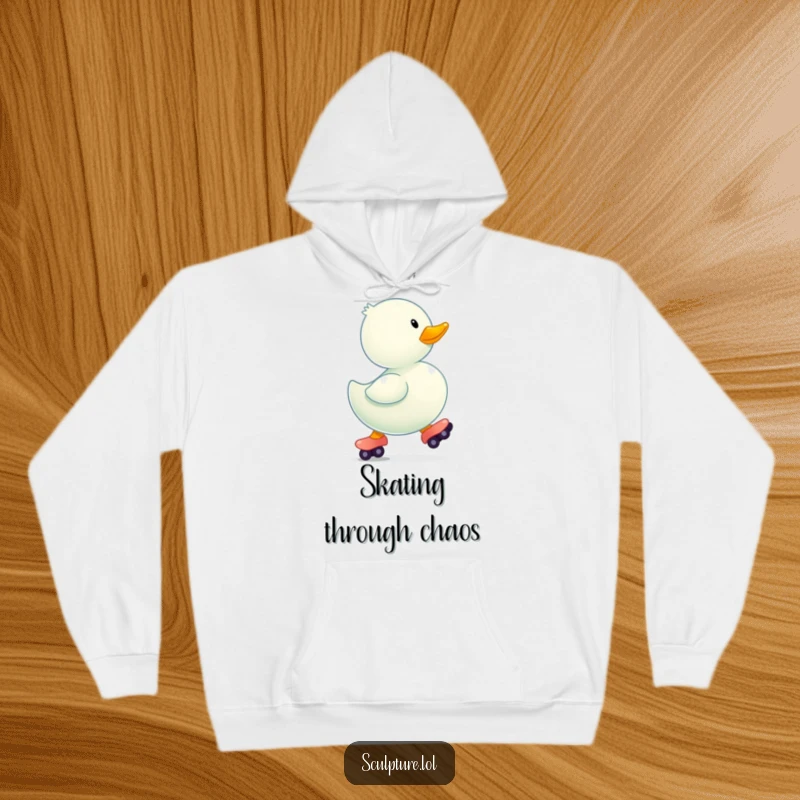 Funny bouncing rubber ducky wearing tiny roller skates on a soft, warm hoodie.