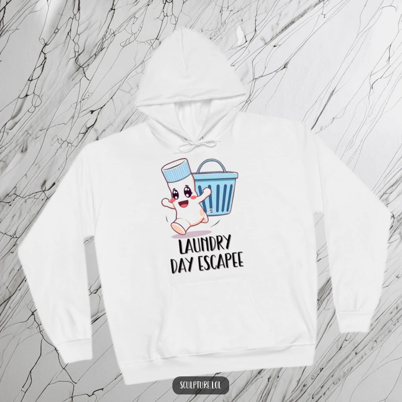 Funny hoodie showcasing a wide-eyed sock hilariously escaping a cheerful laundry basket, perfect for cozying up after a laundry mishap.