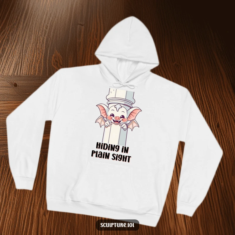 Funny Gargoyle Hoodie: A giggling gargoyle humorously plays peek-a-boo from behind a column, perfect for cozy gothic fun.