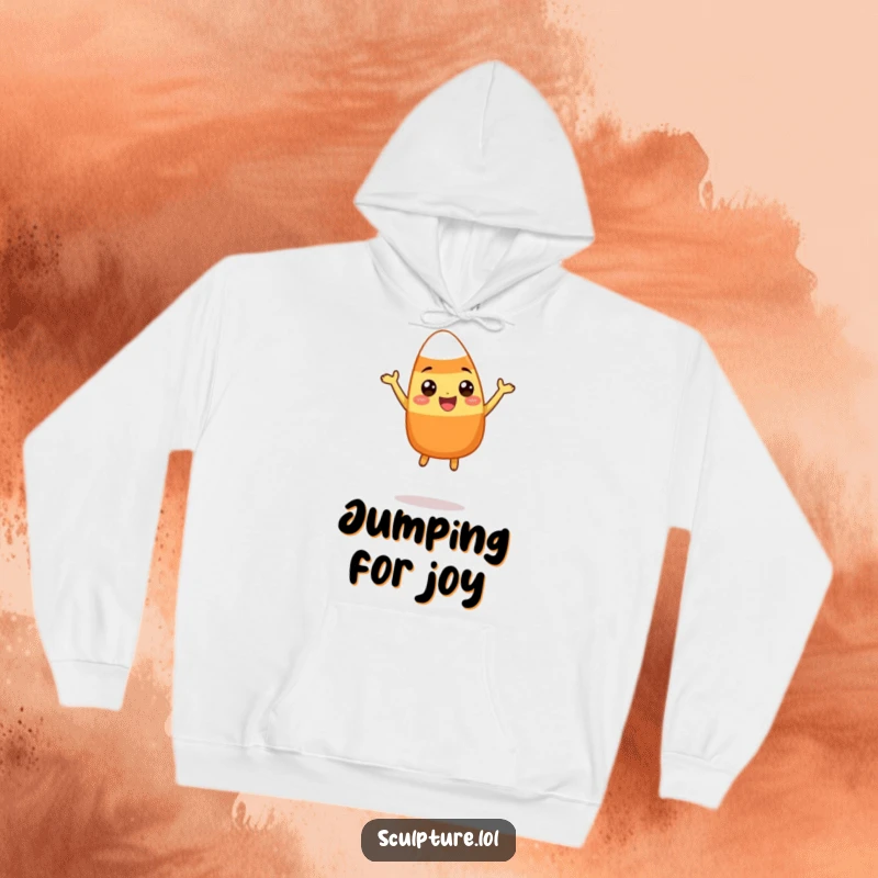 Funny hoodie with a happy candy corn character performing a silly leap, offering warmth and a dose of autumnal humor.