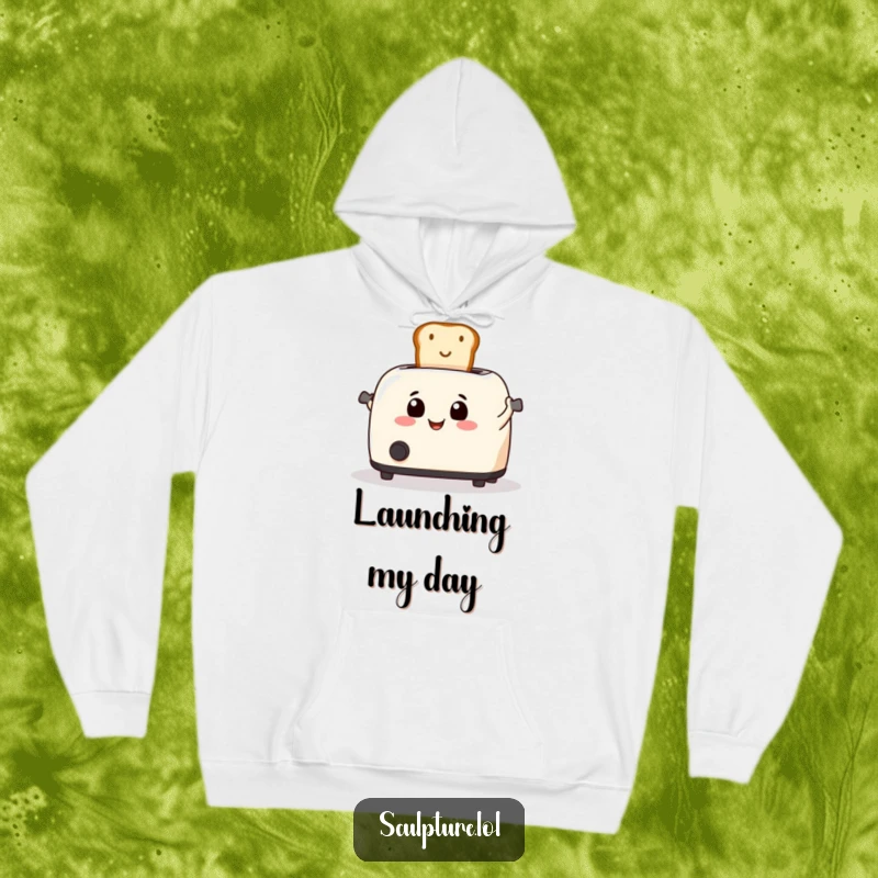 Funny toaster enthusiastically launching toast on a soft, warm hoodie, perfect for breakfast lovers.