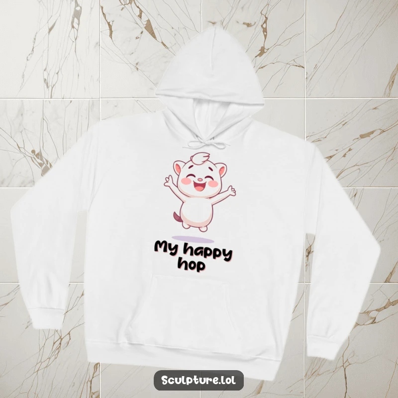 Funny plaster cast hoodie depicting a giggling character mid-jump, perfect for cozy and humorous wear.
