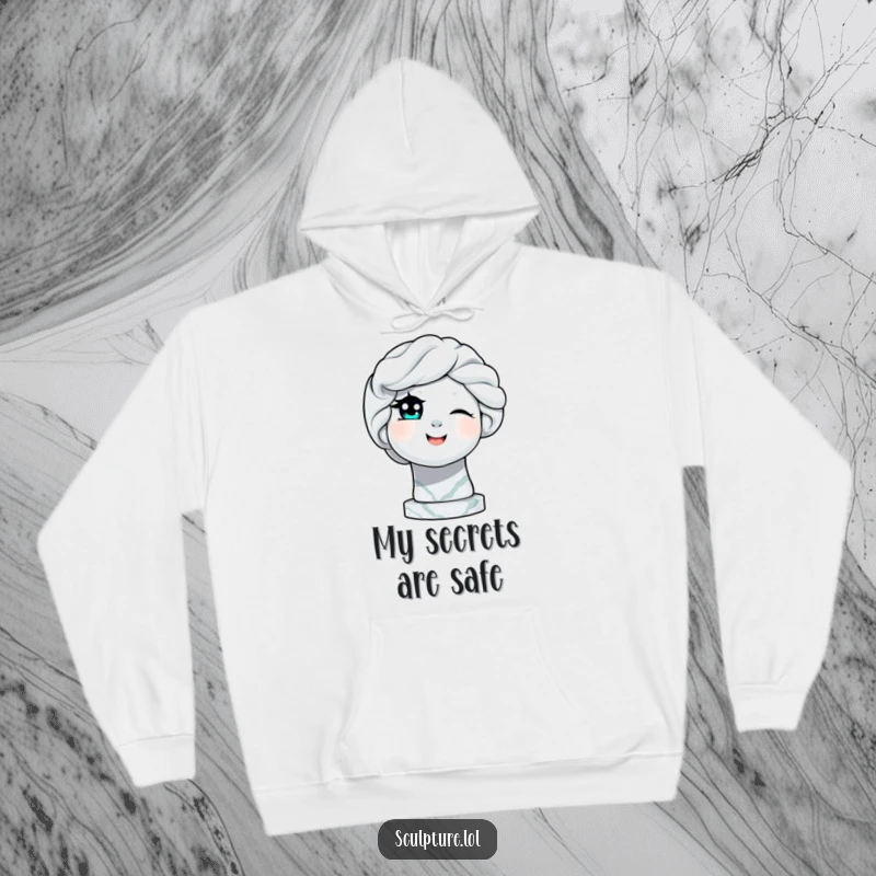 Funny delighted marble statue winking an eye on a hoodie, offering cozy comfort with a playful artistic touch for a funny gift.
