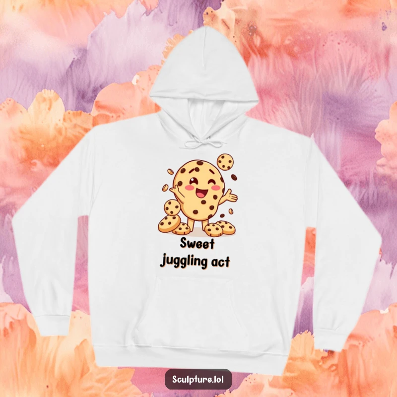 Funny hoodie showcasing a delighted chocolate chip cookie character juggling many smaller cookies, offering warmth and baked-themed cheer.