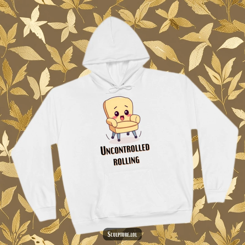 Funny hoodie featuring a small chair with its wheels spinning erratically, capturing a moment of comical, uncontrolled motion.