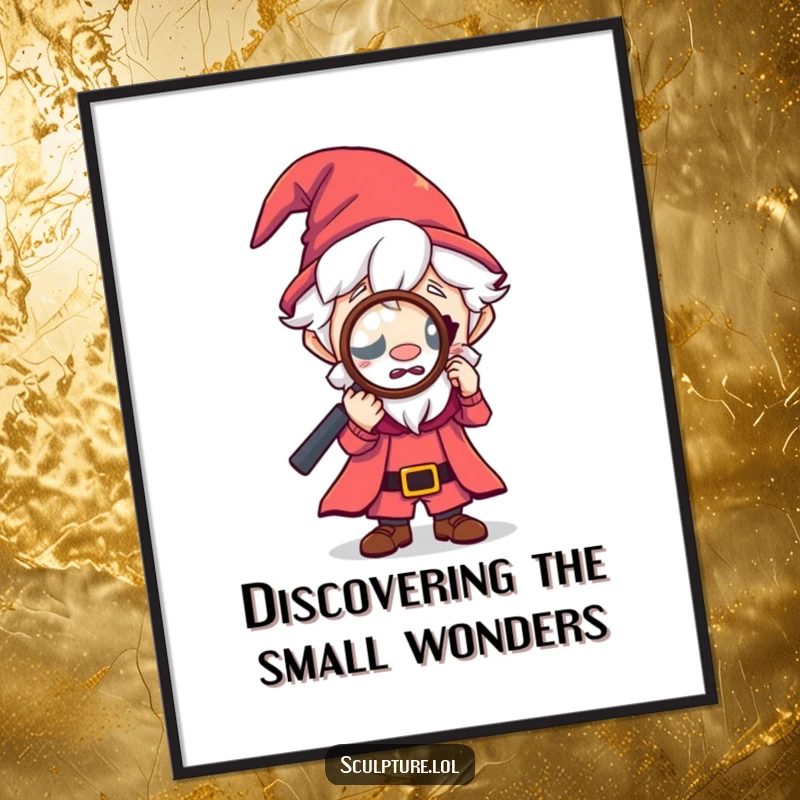 Funny Free Printable Wall Art: Curious tiny wizard character peering intensely through a magnifying glass at an unseen object.